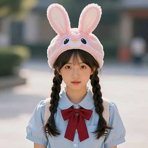 Young girl in pink bunny hat and school uniform