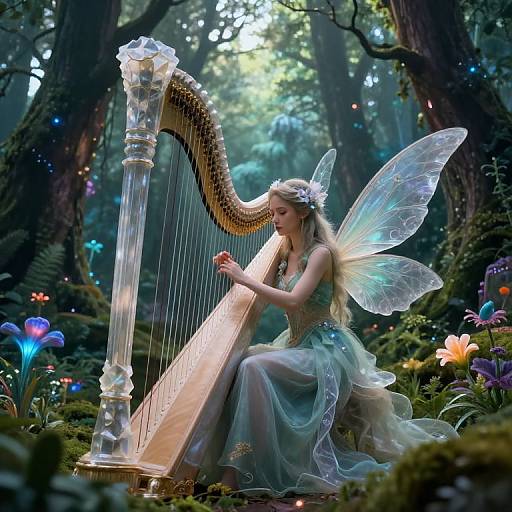 Enchanted fairy with iridescent wings playing a crystal harp in a magical forest, surrounded by glowing flowers and ethereal light.