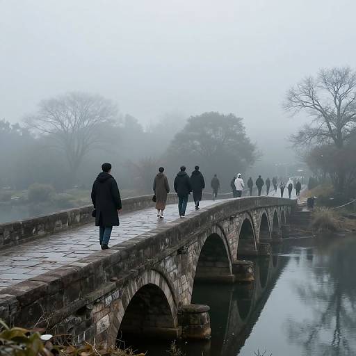 Photograph of a misty, foggy morning with people walking across a stone arched bridge over a calm river, surrounded by leafless trees and