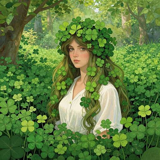 Digital painting of a green-eyed, long-haired woman in a white dress, surrounded by lush, green clover leaves, with a clover crown,
