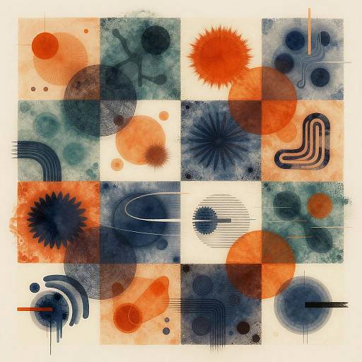 Abstract digital artwork with a grid of squares featuring vibrant orange, navy blue, and teal patterns. Includes circular and spiral shapes, lines, and textured backgrounds