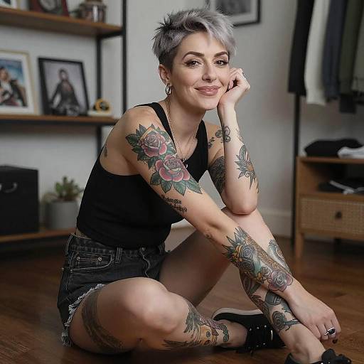 Tattooed Woman Sitting in Cluttered Room