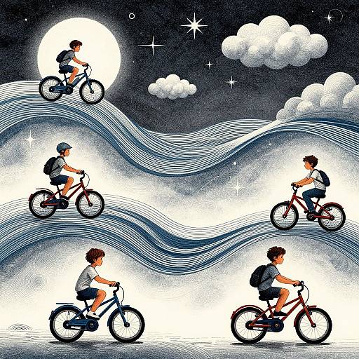 Illustration of five children biking on wavy, starry night sky with full moon, clouds, and sparkles, wearing helmets and backpacks.