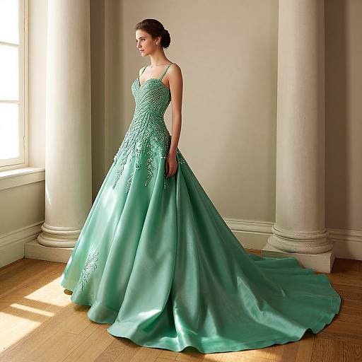 Photograph of a brunette woman in a sparkling, emerald-green, floor-length gown with a long train, standing in a sunlit, elegant room