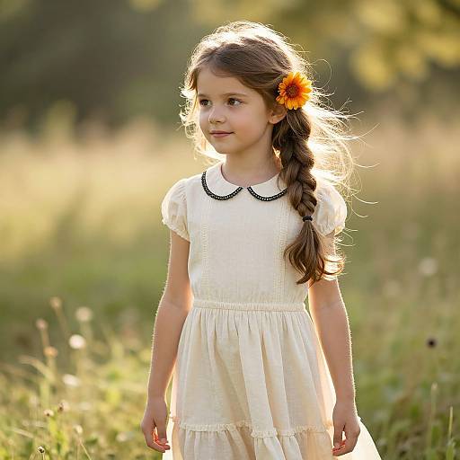 Photograph of a young girl with long brown hair in a braid, adorned with a sunflower, wearing a white dress with black trim, standing