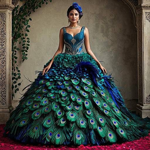 Rose-Inspired Peacock Feather Couture Dress