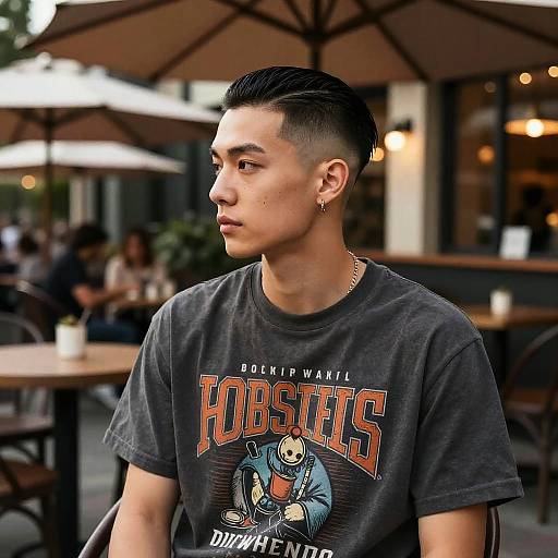 Young man with slick back undercut hairstyle in coffee shop