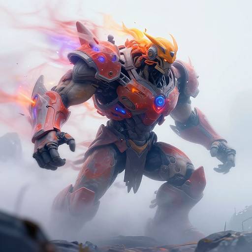 Digital art of a muscular, red, armored robot with glowing blue and orange lights, fiery head, and smoke-filled background. Dynamic, powerful stance.