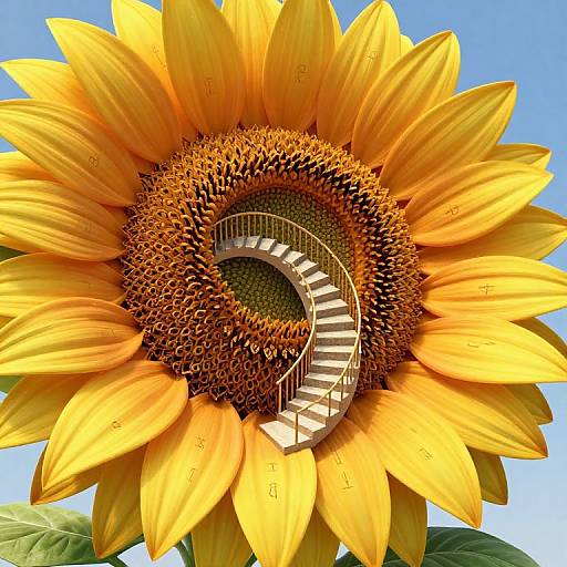 Photograph of a large, vibrant yellow sunflower with a spiral staircase winding through its center, set against a clear blue sky.