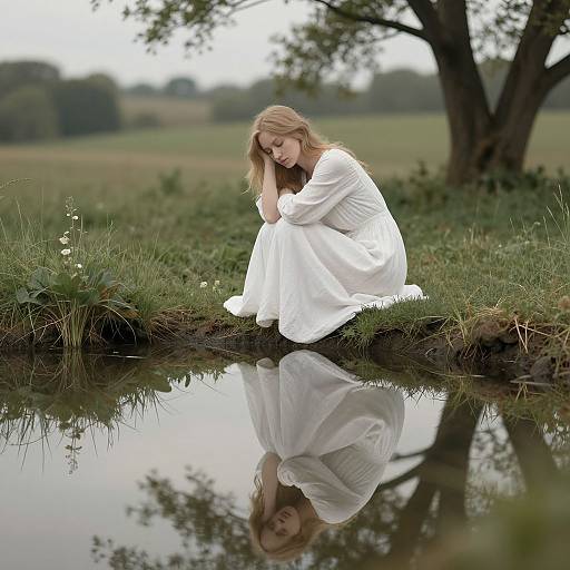 Photograph of a blonde woman in a white dress, sitting by a reflective pond in a grassy field, under a tree.