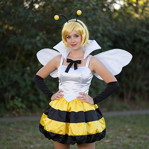 Photograph of a young woman with blonde bob haircut, white and black bee costume, yellow and black striped skirt, black gloves, outdoors.