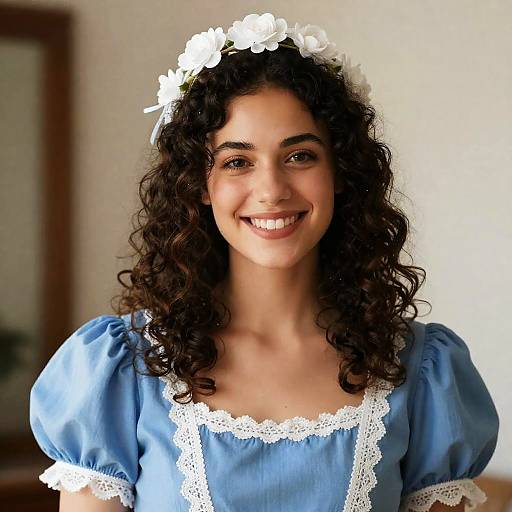 Smiling Woman in Blue Dress with Floral Headpiece