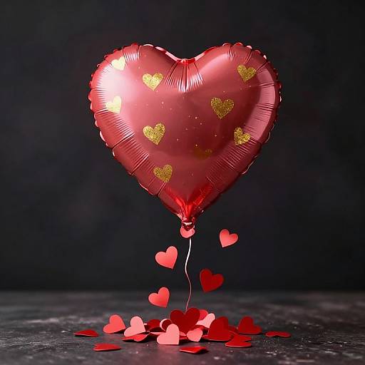 Photograph of a shiny red heart-shaped balloon with gold hearts, releasing smaller red heart cutouts, against a dark background.