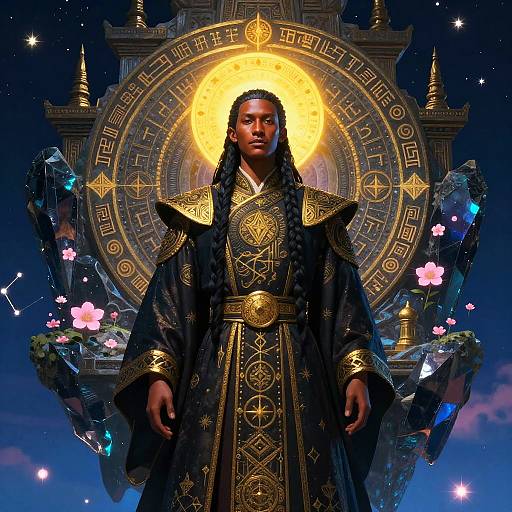 Digital art: Black woman with braided hair, gold-accented black robe, standing before glowing golden mandala, surrounded by celestial stars and pink