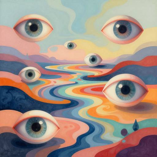 Digital painting of six floating, realistic blue eyes on a colorful, abstract swirl of pink, blue, orange, and yellow waves.
