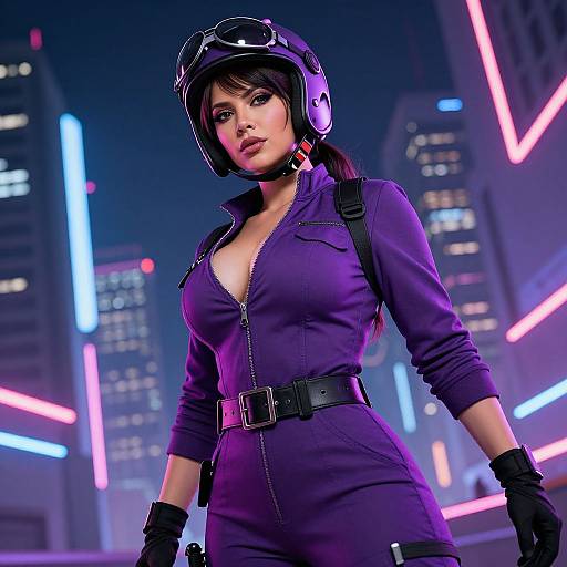 Digital art of a sexy, dark-haired woman in a purple, zip-up jumpsuit with a low neckline, black gloves, and purple helmet, standing