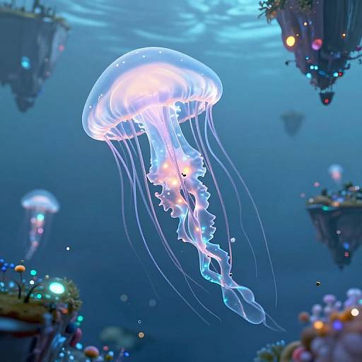Photograph of a glowing blue jellyfish with translucent tentacles, surrounded by floating, illuminated platforms in a vibrant, underwater scene.