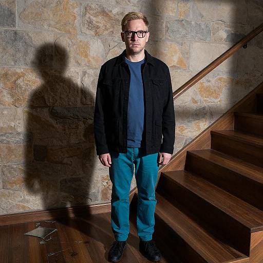 Intense Man on Wooden Staircase