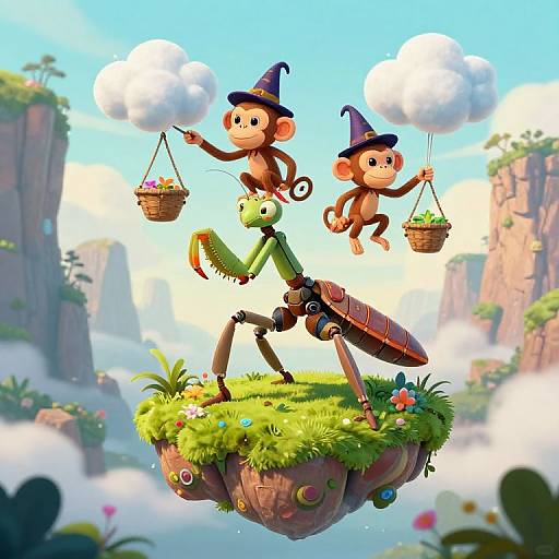 Digital illustration of two monkey children in wizard hats, carrying flower baskets, with a green insect companion on a floating grassy island, under a bright blue