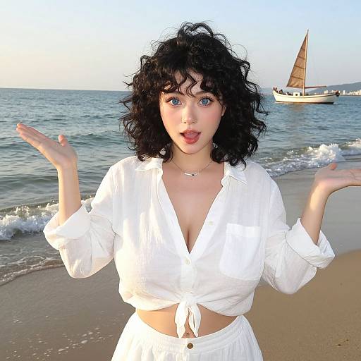 Photograph of a fair-skinned woman with curly black hair, wearing a white tied blouse and high-waisted white pants, shocked expression, hands