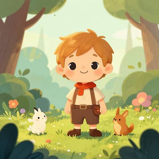 Cute Child with Bunnies in Enchanted Forest