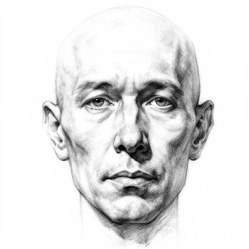 Monochromatic digital sketch of a bald, serious-looking man with pronounced facial features, intense eyes, and detailed shading, against a white background.
