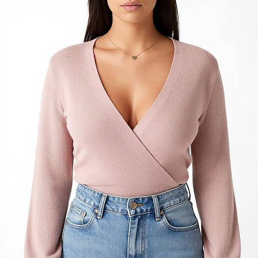 Photograph of a woman with long black hair, wearing a pink V-neck knit sweater and high-waisted blue jeans, against a white background.