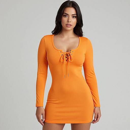 Photograph of a young woman with dark hair in a tight, long-sleeve, bright orange lace-up mini dress, standing against a plain white