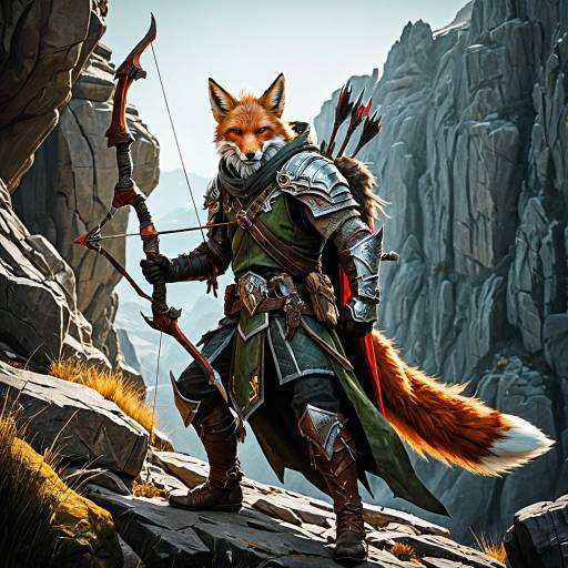 Anthropomorphic Fox Archer on Rocky Cliff