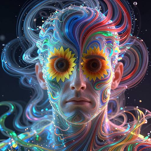 Digital artwork of a surreal, faceless person with glowing sunflower eyes, vibrant, swirling multicolored hair, and illuminated face against a dark background
