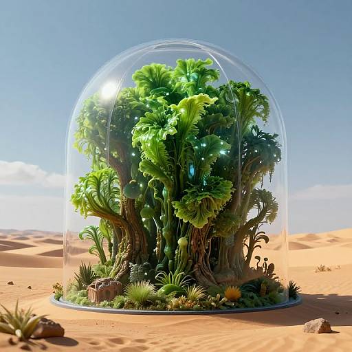 Photorealistic CGI of a lush, green alien plant under a transparent dome, set in a bright, sandy desert landscape.