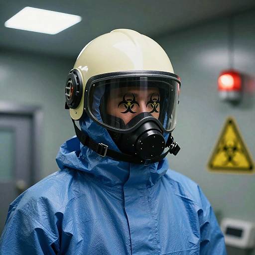 Photograph of a person in a yellow helmet, black gas mask, and blue hazmat suit, with biohazard symbols on the mask, in