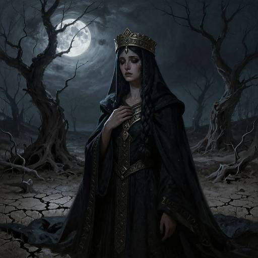 Digital artwork of a melancholic, dark-haired queen in a black, ornate gown, crowned, standing under a full moon in a barren, moon