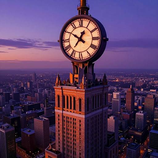 Photograph of a large, illuminated clock tower with a glowing face, set against a twilight cityscape of densely packed skyscrapers.