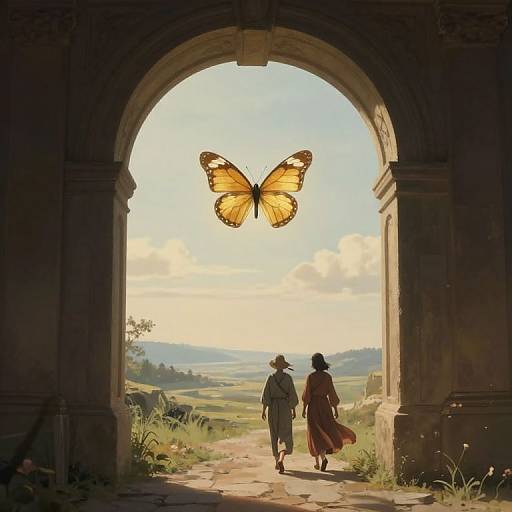 Digital painting of a couple walking through a stone archway, with a large orange butterfly above, towards a sunlit, rolling countryside.