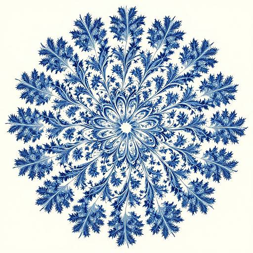 Detailed blue and white snowflake illustration with intricate, symmetrical patterns and delicate feather-like designs on a white background.