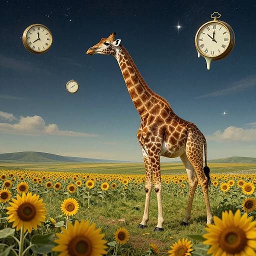 Photograph of a giraffe standing in a sunflower field under a starry night sky, with three floating clocks displaying different times.