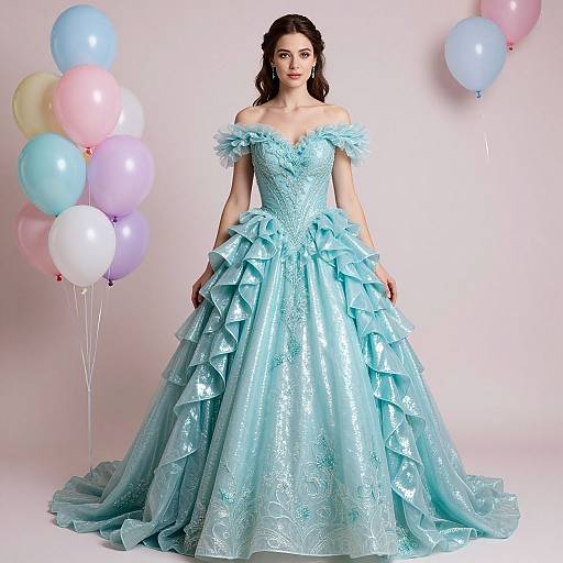 Photograph of a woman in an off-shoulder, light blue, ruffled ball gown with intricate lace details, standing in front of pastel