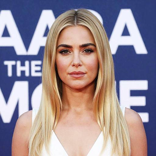 Blonde Woman Against AABA Movie Backdrop