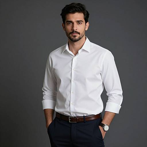 Photograph of a handsome, bearded man with dark hair, wearing a crisp white dress shirt, black pants, brown belt, and watch, standing