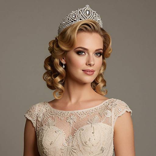 Photograph of a blonde woman with curly hair, wearing a sparkling silver tiara, lace white dress, and elegant earrings, against a gray background.