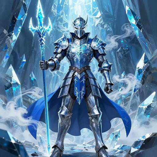 Digital fantasy artwork of a glowing blue-armored knight with a blue cape, holding a crystal spear, standing amidst icy blue crystals.