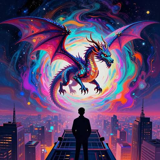 Digital artwork: Silhouetted man stands on rooftop, facing a vibrant, multicolored, cosmic dragon soaring above a cityscape at sunset.