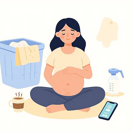 Digital illustration of a pregnant woman with black hair, sitting cross-legged, wearing a white shirt and blue pants, near a blue trash can, coffee cup