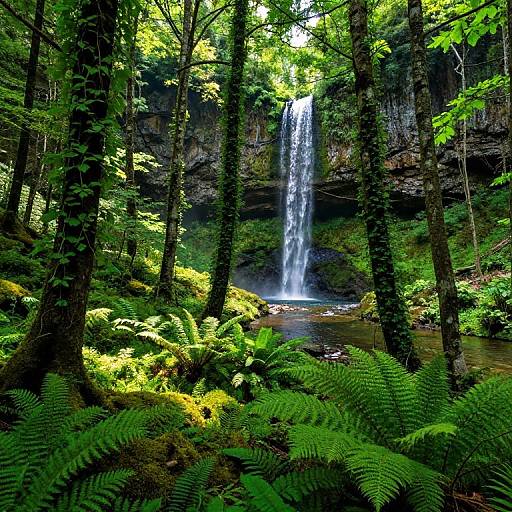 Photograph of a lush forest with vibrant green ferns, tall trees, and a cascading waterfall flowing into a small pool. Sunlight filters through