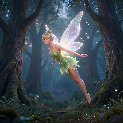 Photograph-style CGI of a glowing fairy with translucent wings, green leaf dress, and blonde bun, flying through a mystical forest.