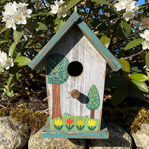 Photograph of a painted wooden birdhouse with a circular entrance, small door, yellow flowers, green trees, and white blossoms in the background.