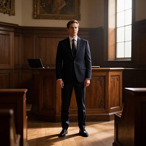 Photograph of a serious, Caucasian man in a dark navy suit and tie, standing in a wooden-paneled, sunlit courtroom.