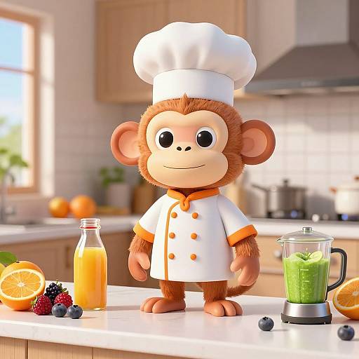 CGI image of a cute cartoon monkey in a chef's hat and white coat, standing in a bright kitchen, with a blender of green smoothie