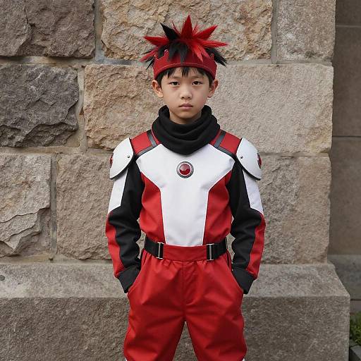 Photograph of an Asian boy with spiky red and black hair, wearing red and white ninja outfit, black scarf, and standing against a stone wall